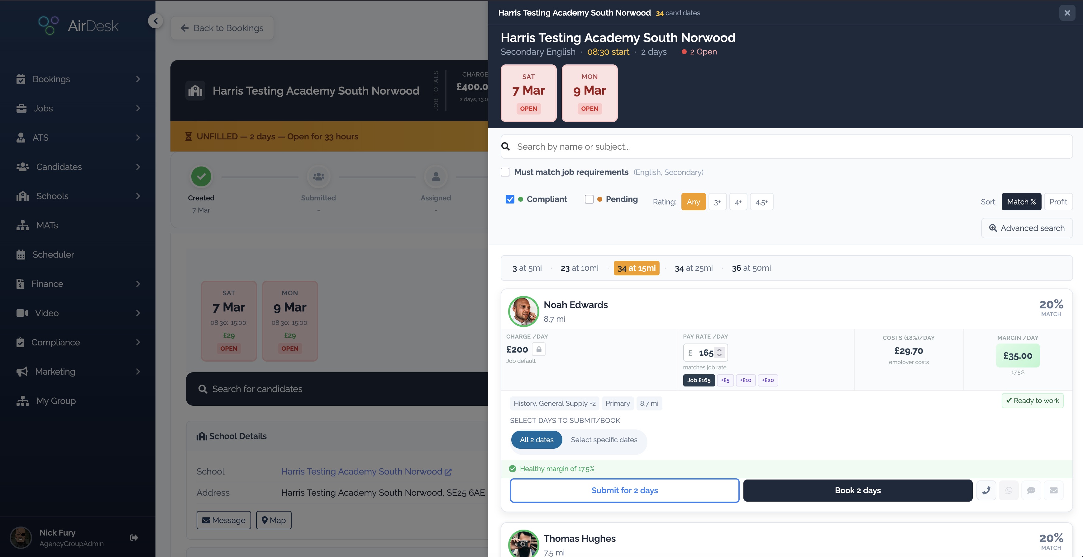 FullDesk AI booking detail with candidate matching, score breakdown, and one-click booking